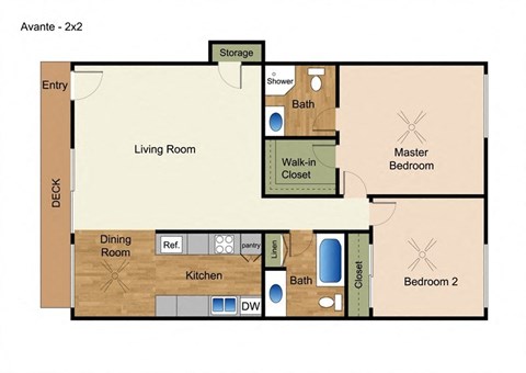 Floor plan for 2 beds, 2 baths, 950 sqft